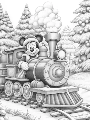 Mickey Mouse on a Christmas train coloring pages