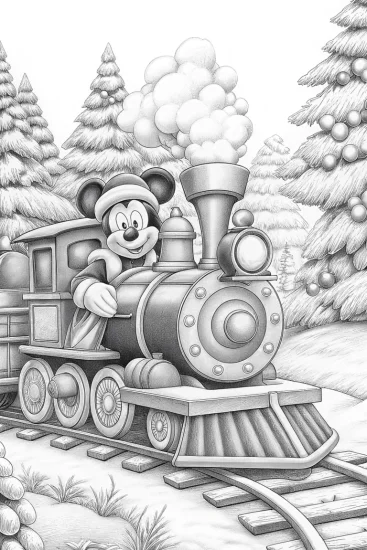 A coloring page of Mickey Mouse on a Christmas train