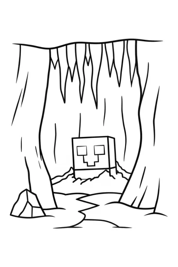 A coloring page of Creeper exploring a hidden cave
