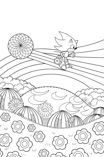 A coloring page of Sonic flying in a dreamland