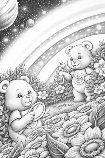 A coloring page of Care Bears gardening in space