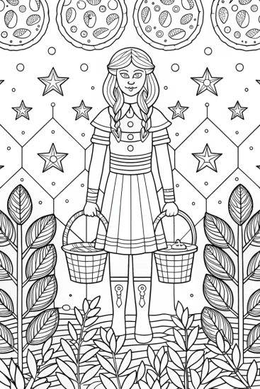 A coloring page of Barbie as a cosmic gardener
