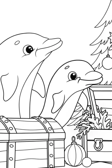 A coloring page of Dolphin’s Christmas treasure hunt