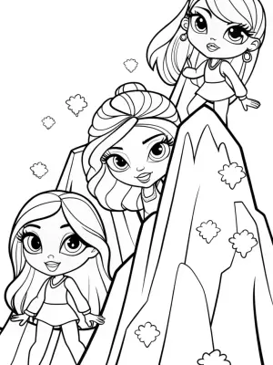 Bratz dolls climbing a magical mountain coloring pages