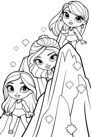 A coloring page of Bratz dolls climbing a magical mountain