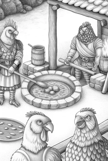 A coloring page of Chickens cooking through time