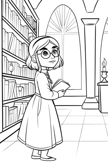 A coloring page of Mirabel exploring a magical library