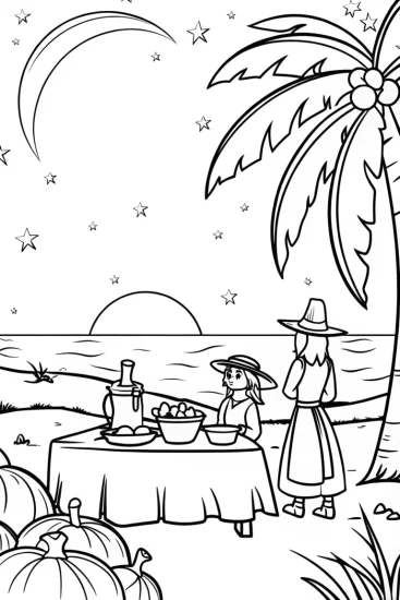 A coloring page of Thanksgiving on the moonlit beach