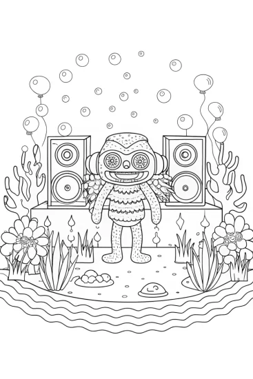 A coloring page of Huggy Wuggy underwater music festival