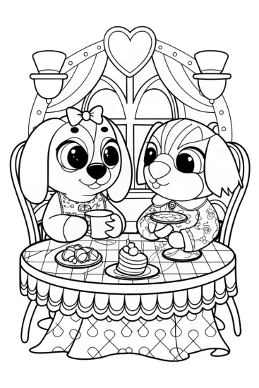 A coloring page of Bluey and Bingo tea party