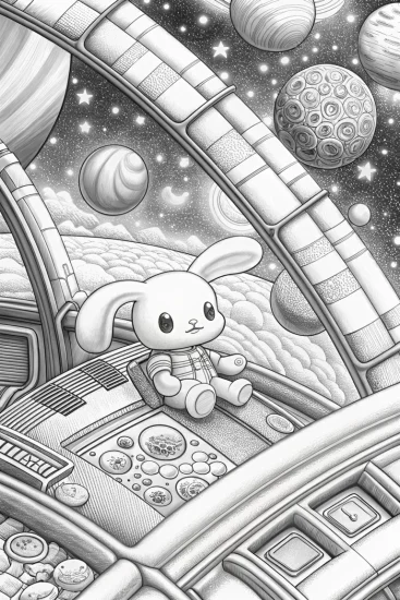 A coloring page of Cinnamoroll in space station