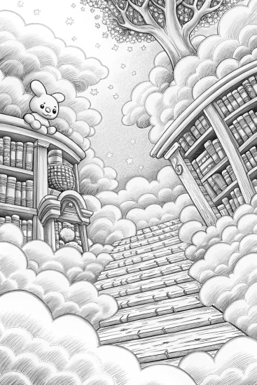 A coloring page of Cinnamoroll’s cloud library adventure