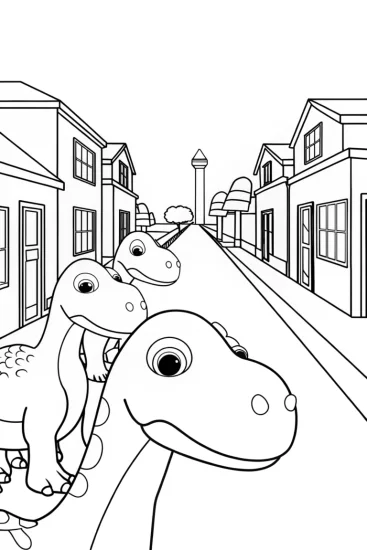 A coloring page of Dinosaur parade through town