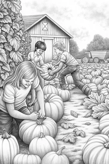 A coloring page of Harvesting pumpkins with friends