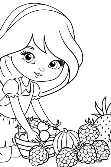 A coloring page of Strawberry Shortcake exploring berries