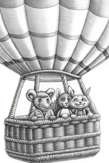 A coloring page of Animals on a hot air balloon