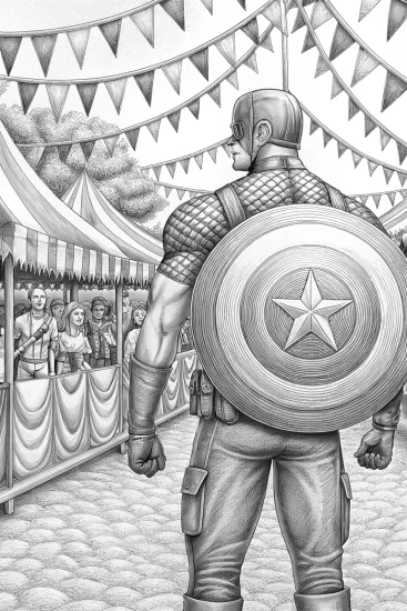 A coloring page of Captain America painting at a festival