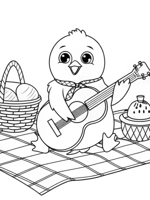 Chick playing guitar at a picnic coloring pages