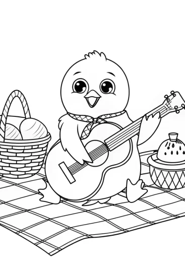 A coloring page of Chick playing guitar at a picnic