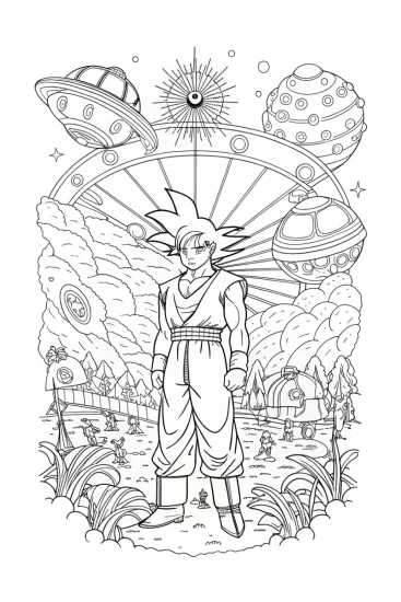 A coloring page of Goku at a space carnival