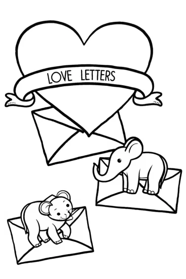 A coloring page of Animals delivering love letters