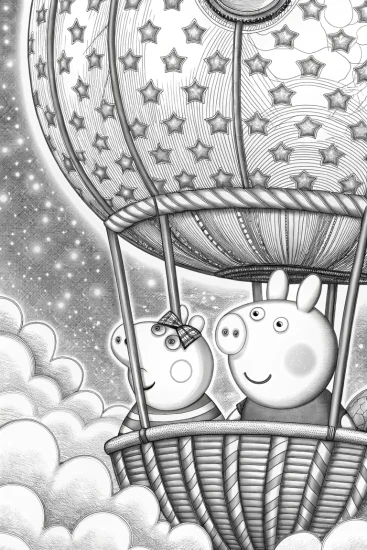 A coloring page of Peppa Pig’s moonlight adventure