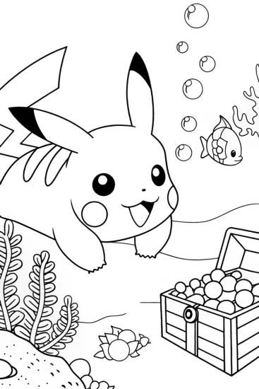 A coloring page of Pikachu’s underwater treasure dive