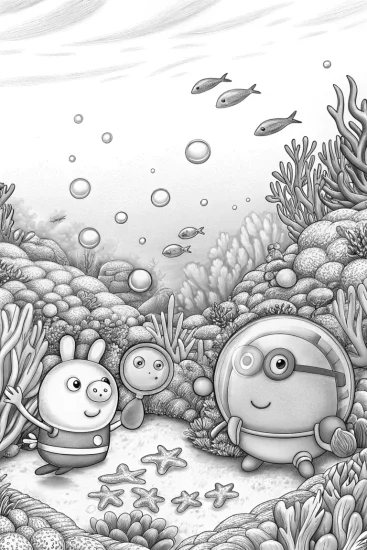 A coloring page of Peppa Pig’s underwater concert