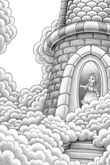 A coloring page of Silvia in a cloud castle