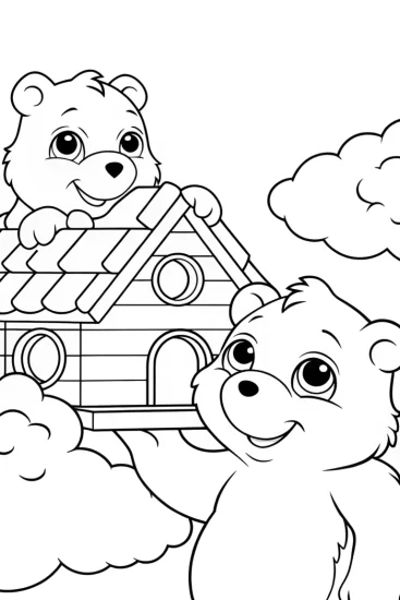 A coloring page of Care Bears building a cloud house