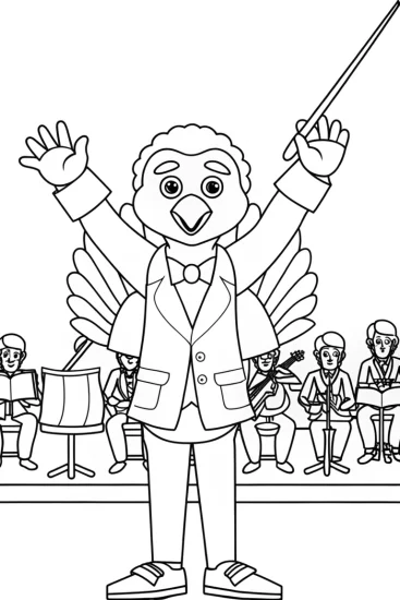 A coloring page of Turkey Tom conducting an orchestra