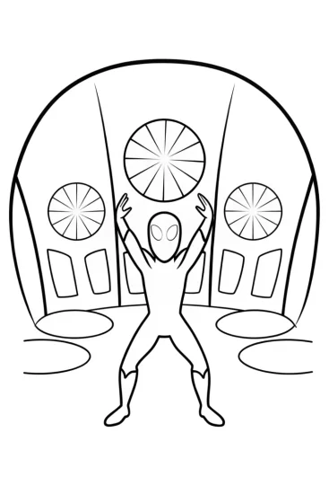 A coloring page of Miles Morales in a quantum art studio