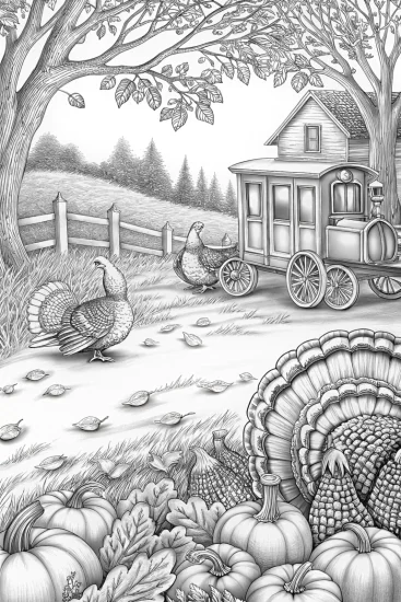 A coloring page of Thanksgiving time machine scene