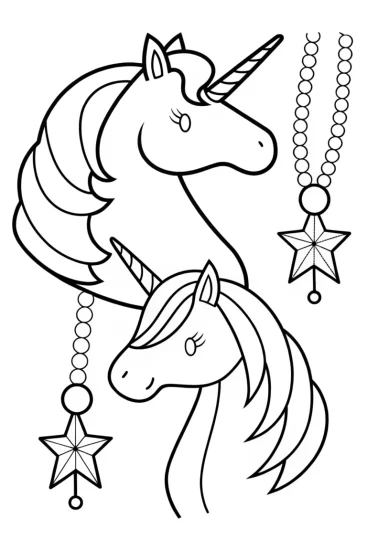 A coloring page of Unicorns crafting celestial jewelry