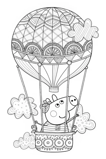 A coloring page of Peppa Pig balloon adventure