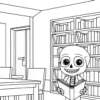 Library scene with a friendly skeleton