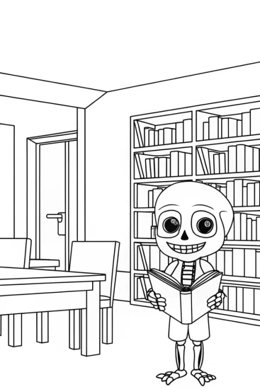 A coloring page of Library scene with a friendly skeleton