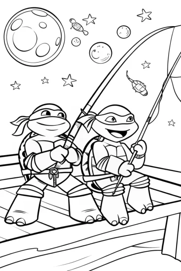 A coloring page of TMNT fishing in space
