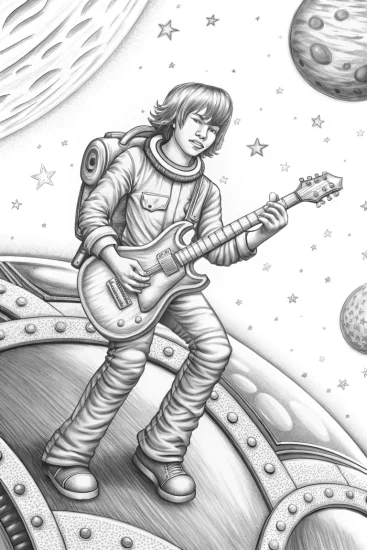 A coloring page of JJ playing guitar in space
