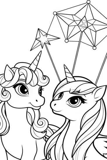 A coloring page of Unicorns crafting celestial kites