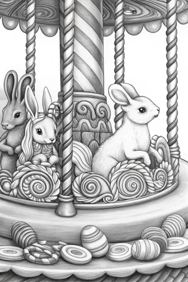 A coloring page of Bunnies on a candy carousel
