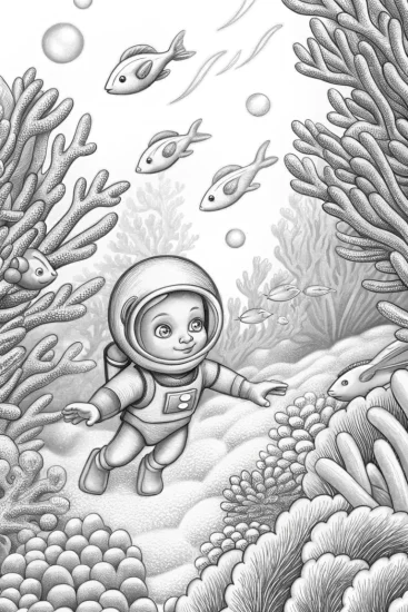 A coloring page of Baby underwater explorer with fish