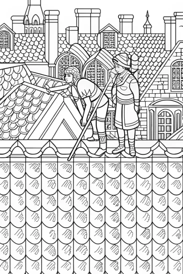 A coloring page of Demon Slayer on a rooftop