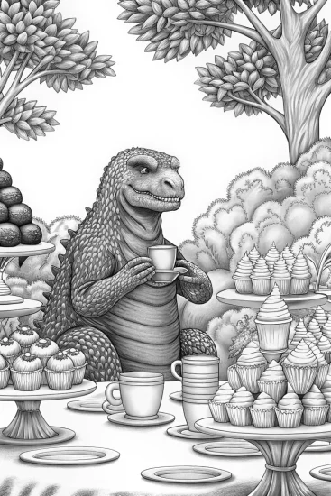 A coloring page of Godzilla tea party