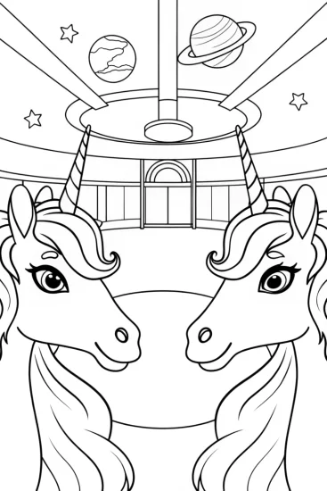 A coloring page of Unicorns at the galactic post office