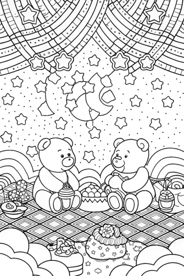 A coloring page of Care Bears stargazing picnic