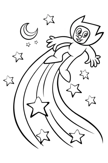 A coloring page of Huggy Wuggy riding a comet
