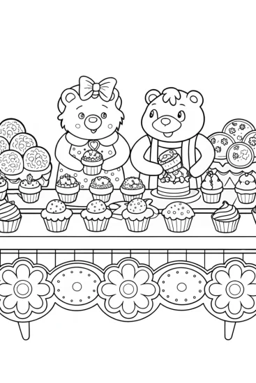 A coloring page of Care Bears baking competition