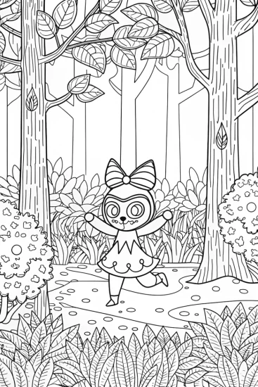 A coloring page of Kuromi dance-off in the forest