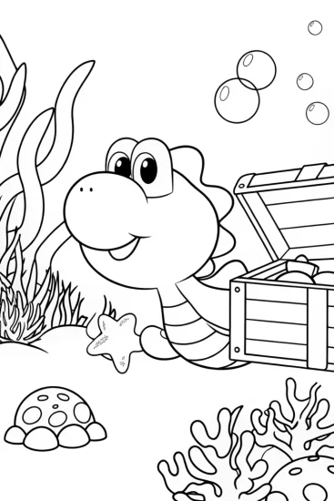 A coloring page of Yoshi’s underwater treasure hunt